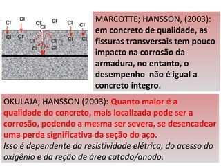 MARCOTTE; HANSSON, (2003):
em concreto de qualidade, as
fissuras transversais tem pouco
impacto na corrosão da
armadura, no entanto, o
desempenho não é igual a
concreto íntegro.
OKULAJA; HANSSON (2003): Quanto maior é a
qualidade do concreto, mais localizada pode ser a
corrosão, podendo a mesma ser severa, se desencadear
uma perda significativa da seção do aço.
Isso é dependente da resistividade elétrica, do acesso do
oxigênio e da reção de área catodo/anodo.
 