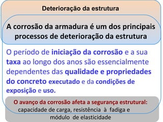 O período de iniciação da corrosão e a sua
taxa ao longo dos anos são essencialmente
dependentes das qualidade e propriedades
do concreto executado e da condições de
exposição e uso.
O avanço da corrosão afeta a segurança estrutural:
capacidade de carga, resistência à fadiga e
módulo de elasticidade
Deterioração da estrutura
A corrosão da armadura é um dos principais
processos de deterioração da estrutura
 