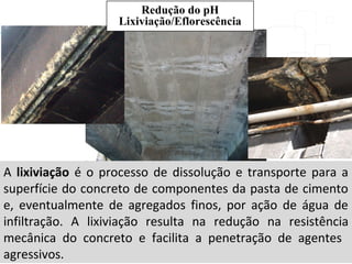 A lixiviação é o processo de dissolução e transporte para a
superfície do concreto de componentes da pasta de cimento
e, eventualmente de agregados finos, por ação de água de
infiltração. A lixiviação resulta na redução na resistência
mecânica do concreto e facilita a penetração de agentes
agressivos.
Redução do pH
Lixiviação/Eflorescência
 