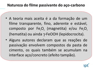 Natureza do filme passivante do aço-carbono
• A teoria mais aceita é a da formação de um
filme transparente, fino, aderente e estável,
composto por Fe3O4 (magnetita) e/ou Fe2O3
(hematita) ou ainda γ-FeOOH (lepidocrocita).
• Alguns autores declaram que as reações de
passivação envolvem compostos da pasta de
cimento, os quais também se acumulam na
interface aço/concreto (efeito tampão).
 