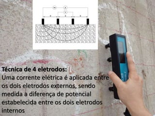 Técnica de 4 eletrodos:
Uma corrente elétrica é aplicada entre
os dois eletrodos externos, sendo
medida a diferença de potencial
estabelecida entre os dois eletrodos
internos
 