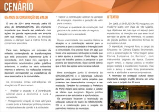 Cenário 
65 anos de construção de valor 
! 
O ano de 2014 seria marcado pelos 65 
anos do SINDUSCON-RS. Um momento 
importante que deveria ser celebrado com 
ações de grande repercussão em sintonia 
com sua missão. A diretoria da entidade 
passou a planejar qual a melhor forma de 
comemorar essa data. 
! ! 
! Para isso, deflagrou um processo de 
reflexão contemplando as transformações 
que está procurando implementar junto à 
sociedade, com base nos avanços e 
experiência acumulados pelas gestões 
anteriores, e avaliou os seus ambientes 
internos e externos. As realizações externas 
deveriam corresponder às expectativas de 
seus associados e da comunidade.! 
! ! 
As principais linhas estratégicas de 
atuação nos 65 anos seriam: 
! 
• Analisar a atuação e a contribuição 
setorial para a economia e para a 
sociedade; 
• Protagonismo: criação de mais valor para 
o setor junto a lideranças público-privadas, 
multiplicadores de opinião e à sociedade; 
• Valorar a contribuição setorial na geração 
de empregos, impostos e geração de valor 
para o estado; 
• Promover a qualidade da construção civil 
gaúcha e da cadeia de valor do negócio; 
• Interação com a sociedade. 
! Houve unanimidade nos quesitos Valorar a 
atuação e a contribuição setorial para a 
economia e para a sociedade e Interação com 
a comunidade. Era preciso focar em algo que 
fosse uma expressiva retribuição à cidade que 
o setor ajudou a construir: Porto Alegre. Um 
grupo de trabalho passou a pesquisar o que 
poderia ser desenvolvido. Esse comitê definiu 
que o foco das ações seria na área cultural.! 
! 
! Uma sondagem junto à diretoria do 
SINDUSCON-RS e a lideranças culturais 
gaúchas para opinarem sobre projetos que 
poderiam ser desenvolvidos começou a ser 
realizada. Também foi contatada a Prefeitura 
de Porto Alegre para opinar, avaliar e validar 
as ideias que surgiram. Alguns pontos 
passaram a ser estudados e aprofundados.! 
! Os principais focavam a reativação da 
utilização cultural do teatro do SINDUSCON-RS 
e a colaboração para o resgate do 
patrimônio histórico do município. 
O TEatro 
! 
Em 2008, o SINDUSCON-RS inaugurou um 
moderno teatro com mais de 130 lugares, 
que objetivava ser mais que um espaço para 
espetáculos. A intenção era que esse local 
servisse de ponto de referência, no acesso 
do grande público, às diferentes formas de 
expressão cultural. 
O espetáculo inaugural ficou a cargo da 
Orquestra de Câmara Capela Strumentale, 
com a apresentação de “Uma Viagem pelas 
Cor tes Europeias do Bar roco” , com 
instrumentos originais de época. Durante 
algum tempo, o espaço passou a receber 
peças teatrais e espetáculos musicais, mas 
com o tempo o teatro ficou praticamente 
restrito a atividades e eventos empresariais. 
! A retomada da utilização cultural desse 
importante espaço erudito deveria ser uma 
meta para o projeto dos 65 anos.! 
 
