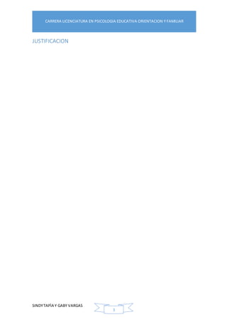 SINDYTAPÌA Y GABY VARGAS
CARRERA LICENCIATURA EN PSICOLOGIA EDUCATIVA ORIENTACION Y FAMILIAR
3
JUSTIFICACION
 