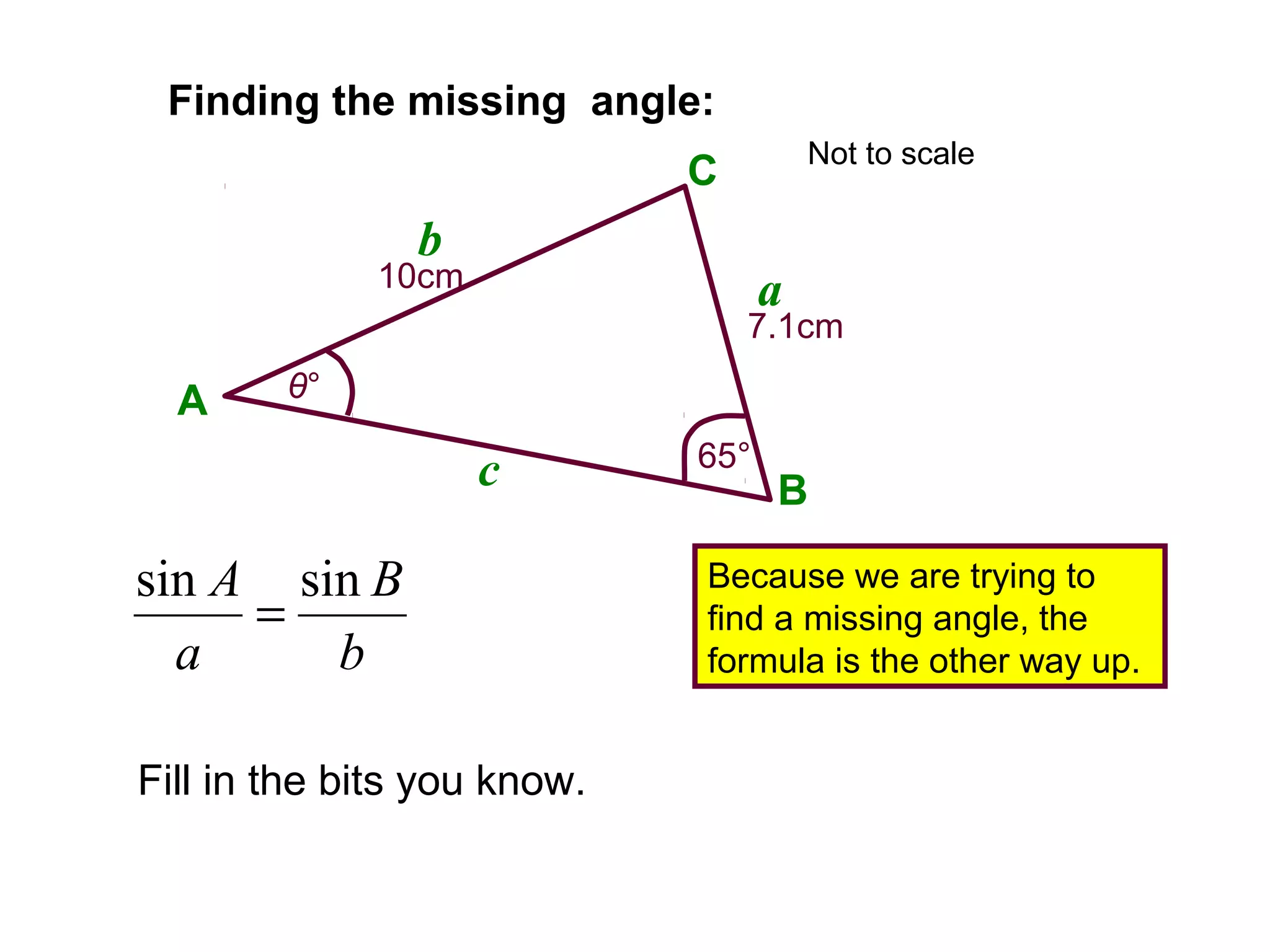 Finding the missing angle:
Fill in the bits you know.
Because we are trying to
find a missing angle, the
formula is the other way up.
A
B
C
a
b
c
10cm
7.1cm
65°
θ°
b
B
a
A sinsin
=
Not to scale
 