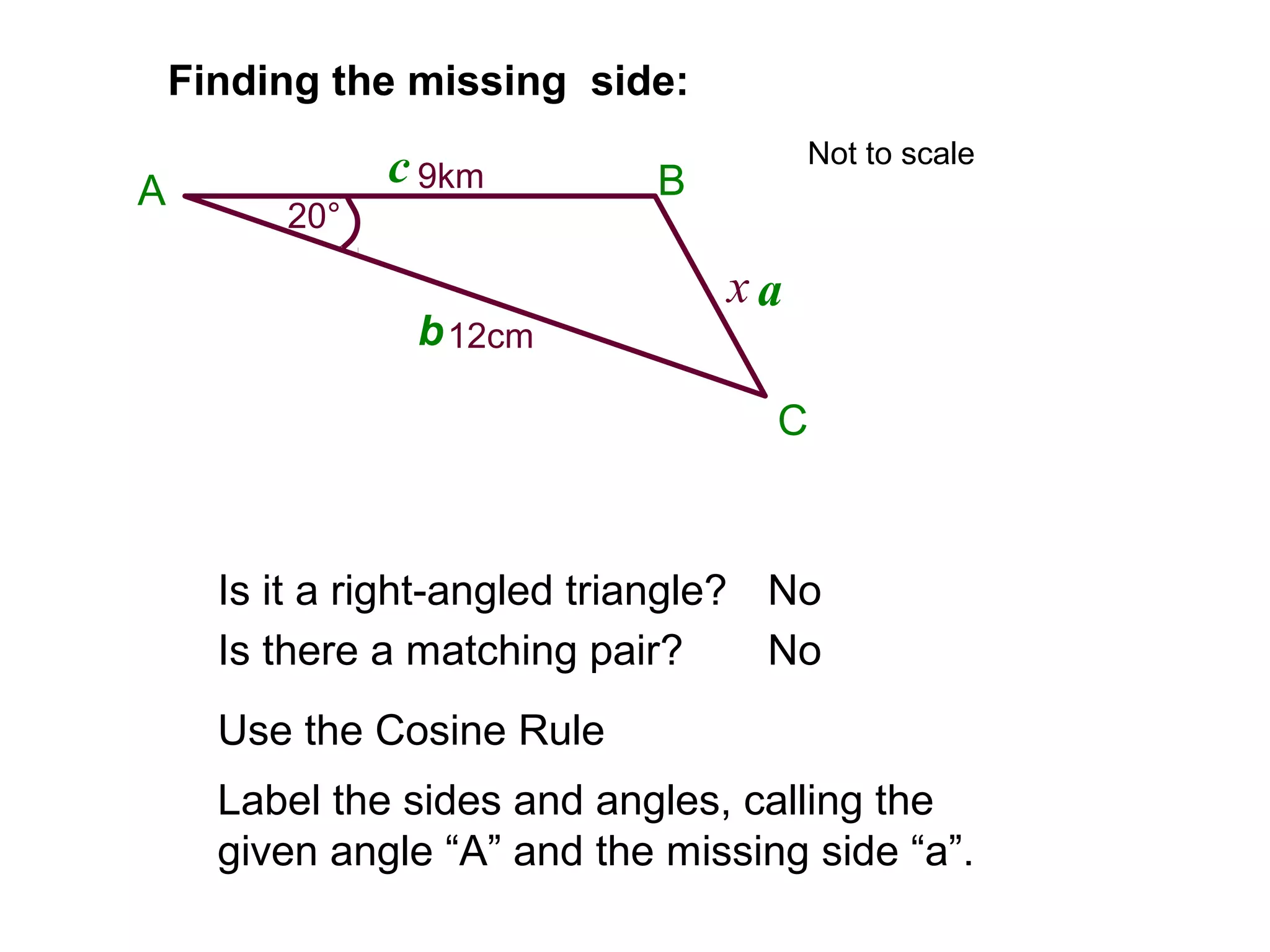 Finding the missing side:
Is it a right-angled triangle?
Is there a matching pair?
No
No
9km
12cm
20°
A
C
B
x
Use the Cosine Rule
Label the sides and angles, calling the
given angle “A” and the missing side “a”.
a
b
c Not to scale
 
