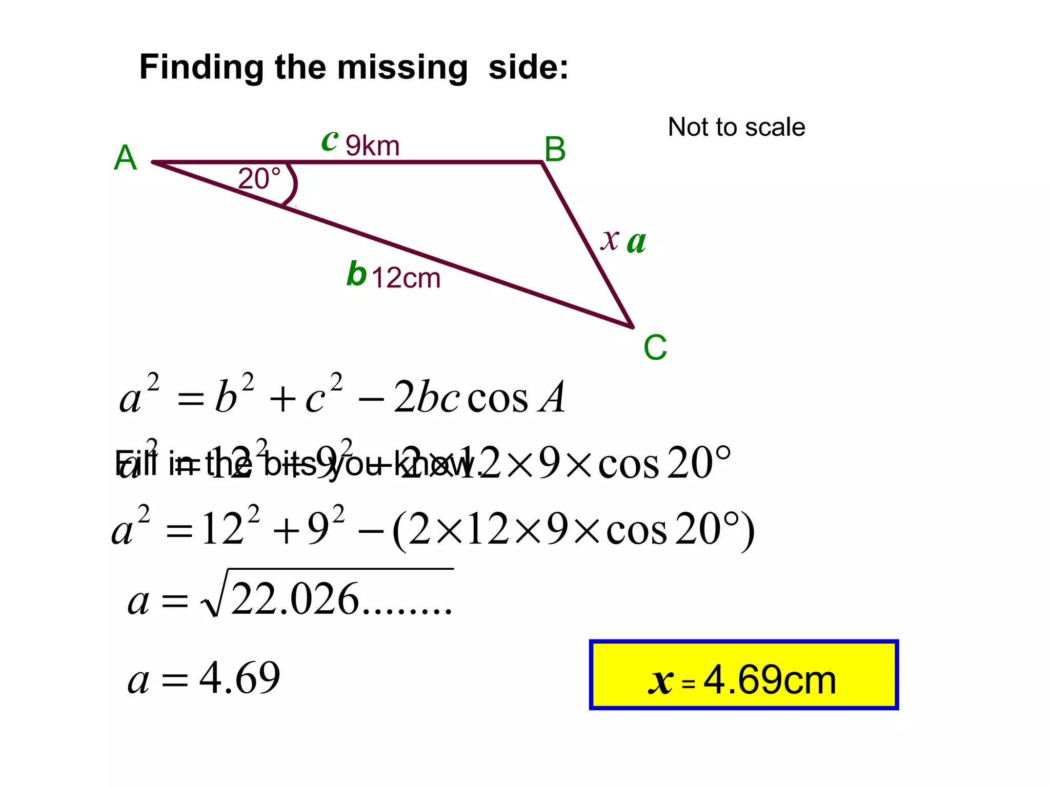 Finding the missing side:
9km
12cm
20°
A
C
B
x a
b
c
Fill in the bits you know.
Abccba cos2222
−+=
x = 4.69cm
°×××−+= 20cos9122912 222
a
)20cos9122(912 222
°×××−+=a
........026.22=a
69.4=a
Not to scale
 
