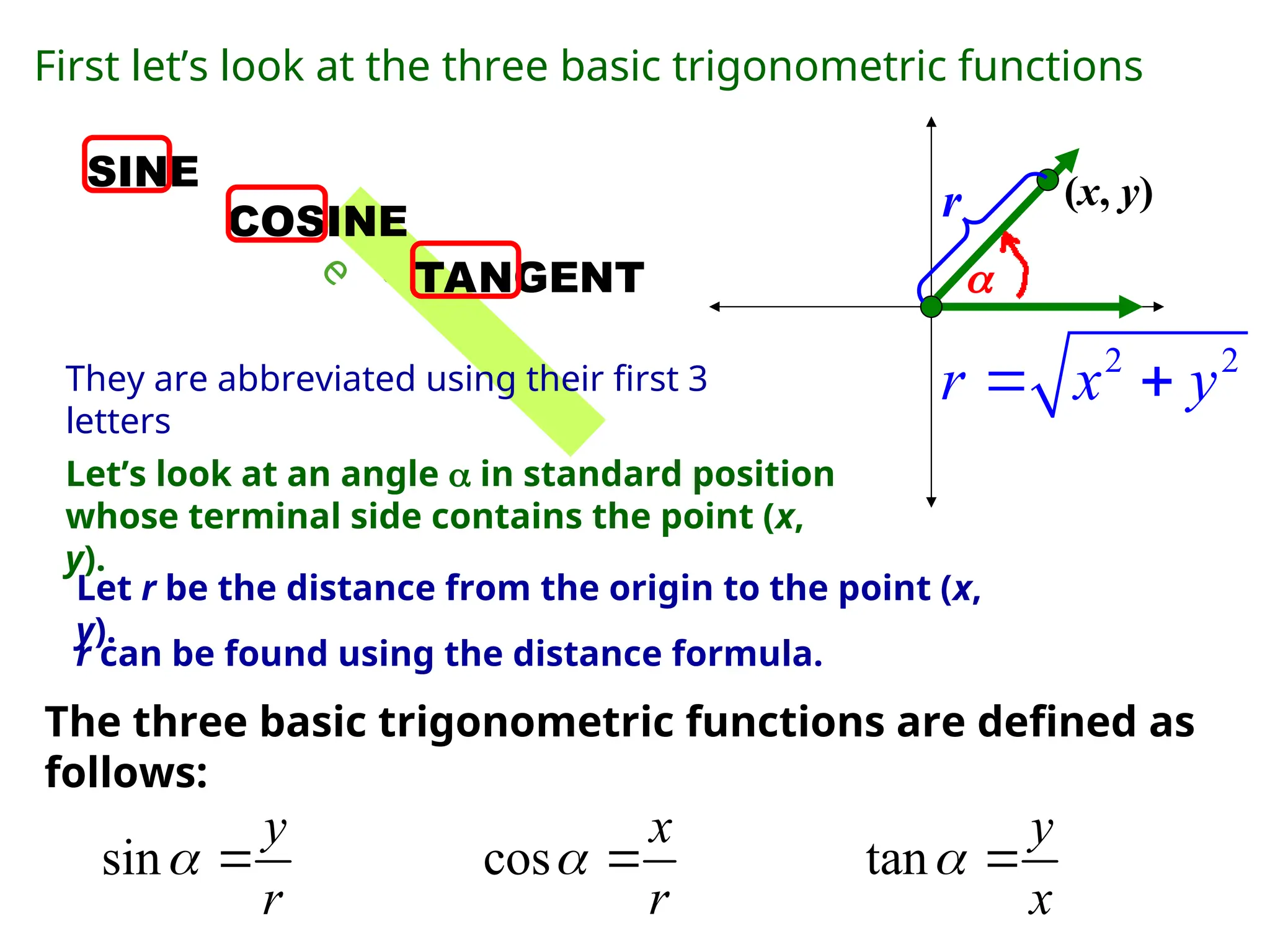 h
y
p
o
t
e
n
u
s
e
First let’s look at the three basic trigonometric functions
SINE
COSINE
TANGENT
They are abbreviated using their first 3
letters
sin
y
r
  cos
x
r
  tan
y
x
 
Let’s look at an angle  in standard position
whose terminal side contains the point (x,
y).

(x, y)
r
2 2
r x y
 
The three basic trigonometric functions are defined as
follows:
Let r be the distance from the origin to the point (x,
y).
r can be found using the distance formula.
 