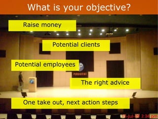 What is your objective? Raise money Potential clients Potential employees The right advice One take out, next action steps 
