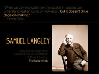 “When we communicate from the outside in, people can
understand vast amounts of information, but it doesn’t drive
decision-making.”
-- Simon Sinek




 Samuel Langley
          Focused on being “ﬁrst”
       Excellent market conditions
                 Sufﬁcient funding
                  The best minds
 