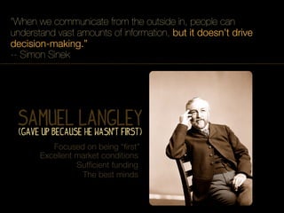 “When we communicate from the outside in, people can
understand vast amounts of information, but it doesn’t drive
decision-making.”
-- Simon Sinek




 Samuel Langley
  (Gave Up Because he Wasn’t first)
          Focused on being “ﬁrst”
       Excellent market conditions
                 Sufﬁcient funding
                  The best minds
 
