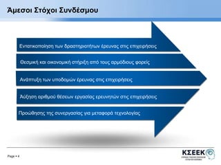Άμεσοι Στόχοι Συνδέσμου 
Εντατικοποίηση των δραστηριοτήτων έρευνας στις επιχειρήσεις 
Page  4 
Θεσμική και οικονομική στήριξη από τους αρμόδιους φορείς 
Ανάπτυξη των υποδομών έρευνας στις επιχειρήσεις 
Άύξηση αριθμού θέσεων εργασίας ερευνητών στις επιχειρήσεις 
Προώθησης της συνεργασίας για μεταφορά τεχνολογίας 
 