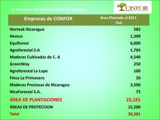 La Asociación de Reforestadores de Nicaragua

        Empresas de CONFOR                     Área Plantada al 2011
                                                        (ha)
Norteak Nicaragua                                                 582
Hemco                                                           1,399
Equiforest                                                      6,000
Agroforestal S.A                                                1,704
Maderas Cultivadas de C. A                                      4,540
GreenWay                                                          250
Agroforestal La Lupe                                              100
Finca La Primavera                                                 20
Maderas Preciosas de Nicaragua                                  3,500
NicaForestal S.A.                                                  75
ÁREA DE PLANTACIONES                                          23,181
ÁREAS DE PROTECCION                                            15,200
Total                                                          38,381
 
