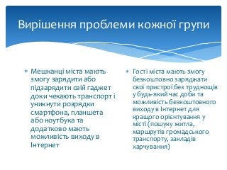  Мешканці міста мають
змогу зарядити або
підзарядити свій гаджет
доки чекають транспорт і
уникнути розрядки
смартфона, планшета
або ноутбука та
додатково мають
можливість виходу в
Інтернет
Вирішення проблеми кожної групи
 Гості міста мають змогу
безкоштовно заряджати
свої пристрої без труднощів
у будь-який час доби та
можливість безкоштовного
виходу в Інтернет для
кращого орієнтування у
місті (пошуку житла,
маршрутів громадського
транспорту, закладів
харчування)
 