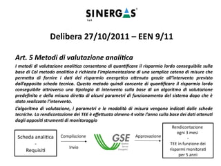 Art. 5 Metodi di valutazione analitica
I metodi di valutazione analitica consentono di quantificare il risparmio lordo conseguibile sulla
base di Col metodo analitico è richiesta l’implementazione di una semplice catena di misure che
permetta di fornire i dati del risparmio energetico ottenuto grazie all’intervento previsto
dall’apposita scheda tecnica. Questo metodo quindi consente di quantificare il risparmio lordo
conseguibile attraverso una tipologia di intervento sulla base di un algoritmo di valutazione
predefinito e della misura diretta di alcuni parametri di funzionamento del sistema dopo che è
stato realizzato l’intervento.
L’algoritmo di valutazione, i parametri e le modalità di misura vengono indicati dalle schede
tecniche. La rendicontazione dei TEE è effettuata almeno 4 volte l’anno sulla base dei dati ottenuti
dagli appositi strumenti di monitoraggio
Delibera 27/10/2011 – EEN 9/11
Scheda analitica
-
Requisiti
Compilazione
Invio
Rendicontazione
ogni 3 mesi
-
TEE in funzione dei
risparmi monitorati
per 5 anni
Approvazione
 