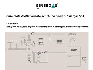 Caso reale di ottenimento dei TEE da parte di Sinergas SpA
Lavanderia
Recupero del vapore di flash altrimenti perso in atmosfera tramite rievaporatore.
 