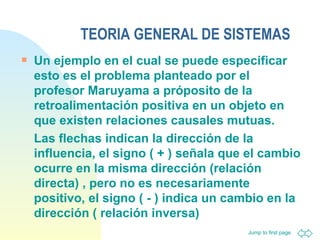 TEORIA GENERAL DE SISTEMAS Un ejemplo en el cual se puede especificar esto es el problema planteado por el profesor Maruyama a próposito de la retroalimentación positiva en un objeto en que existen relaciones causales mutuas. Las flechas indican la dirección de la influencia, el signo ( + ) señala que el cambio ocurre en la misma dirección (relación directa) , pero no es necesariamente positivo, el signo ( - ) indica un cambio en la dirección ( relación inversa) 