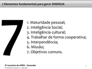 7 Elementos fundamentais para gerar SINERGIA




                                       1. Maturidade pessoal;
                                       2. Inteligência Social;
                                       3. Inteligência cultural;
                                       4. Trabalhar de forma cooperativa;
                                       5. Interpendência;
                                       6. Missão;
                                       7. Objetivos comuns.


 5º encontro da APRH – Sorocaba                                         16
  Por Daniel de Carvalho Luz – julho 2012
 