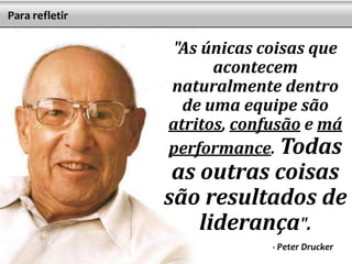 Para refletir

                 "As únicas coisas que
                      acontecem
                naturalmente dentro
                  de uma equipe são
                atritos, confusão e má
                performance. Todas
                 as outras coisas
                são resultados de
                    liderança".
                             - Peter Drucker
 