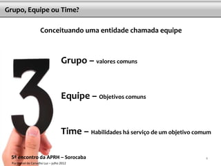 Grupo, Equipe ou Time?

                      Conceituando uma entidade chamada equipe



                                     Grupo – valores comuns


                                     Equipe – Objetivos comuns


                                     Time – Habilidades há serviço de um objetivo comum

 5º encontro da APRH – Sorocaba                                                      4
  Por Daniel de Carvalho Luz – julho 2012
 