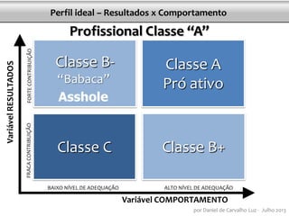 Classe C
Classe A
Pró ativo
Classe B-
“Babaca”
BAIXO NÍVEL DE ADEQUAÇÃO ALTO NÍVEL DE ADEQUAÇÃO
Variável COMPORTAMENTO
Classe B+
Profissional Classe “A”
Asshole
por Daniel de Carvalho Luz - Julho 2013
Perfil ideal – Resultados x Comportamento
 