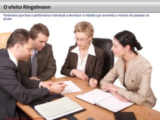 7
O efeito Ringelmann
Fenômeno que leva a performance individual a decrescer à medida que aumenta o número de pessoas no
grupo.
7
Por Daniel de Carvalho Luz – Julho 2013
 