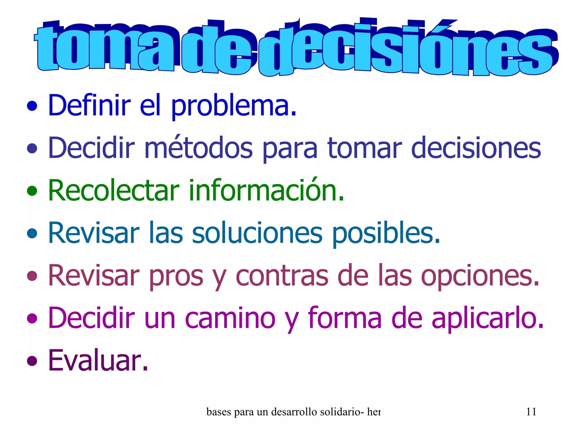 Definir el problema. Decidir métodos para tomar decisiones Recolectar información. Revisar las soluciones posibles. Revisar pros y contras de las opciones. Decidir un camino y forma de aplicarlo. Evaluar.  toma de decisiónes 