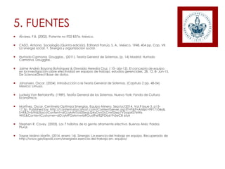 5. FUENTES
 Álvarez, F.B. (2002). Patente no IT02 B37e. México.
 CASO, Antonio. Sociología (Quinta edición). Editorial Porrúa, S. A., México, 1948, 404 pp. Cap. VII.
La sinergia social. 1. Sinergia y organización social.
 Hurtado Carmona, Dougglas.. (2011). Teoria General de Sistemas. (p. 14) Madrid: Hurtado
Carmona, Dougglas..
 Jaime Andrés Bayona Bohórquez & Oswaldo Heredia Cruz. ( 10- abr-12). El concepto de equipo
en la investigación sobre efectividad en equipos de trabajo. estudios gerenciales, 28, 12. 8- Jun-15,
De ScienceDirect Base de datos.
 Johansen, Oscar. (2004). Introducción a la Teoria General de Sistemas. (Capitulo 2 pp. 48-54)
Mexico: Limusa.
 Ludwig Von Bertalanffy. (1989). Teoría General de los Sistemas. Nueva York: Fondo de Cultura
Económica.
 Martínez, Oscar. Centinela Optimiza Sinergias. Equipo Minero. Sep/oct2014, Vol.9 Issue 5, p15-
17,3p. Published by: http://content.ebscohost.com/ContentServer.asp?T=P&P=AN&K=99171046&
S=R&D=bth&EbscoContent=dGJyMMTo50SeqLQ4yOvsOLCmr02ep7VSsqa4S7eWx
WXS&ContentCustomer=dGJyMPGsrkmwrbROudfhe%2FDb61Pr5eCB 6tsA
 Stephen R. Covey. (2003). Los 7 hábitos de la gente altamente efectiva. Buenos Aires: Paidos
Plural.
 Taype Molina Martín. (2014, enero 14). Sinergia: La esencia del trabajo en equipo. Recuperado de
http://www.gestiopolis.com/sinergiala-esencia-del-trabajo-en- equipo/
 