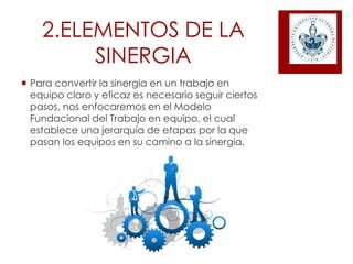 2.ELEMENTOS DE LA
SINERGIA
 Para convertir la sinergia en un trabajo en
equipo claro y eficaz es necesario seguir ciertos
pasos, nos enfocaremos en el Modelo
Fundacional del Trabajo en equipo, el cual
establece una jerarquía de etapas por la que
pasan los equipos en su camino a la sinergia.
 