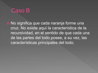  No significa que cada naranja forme una
cruz. No existe aquí la característica de la
recursividad, en el sentido de que cada una
de las partes del todo posee, a su vez, las
características principales del todo.
 