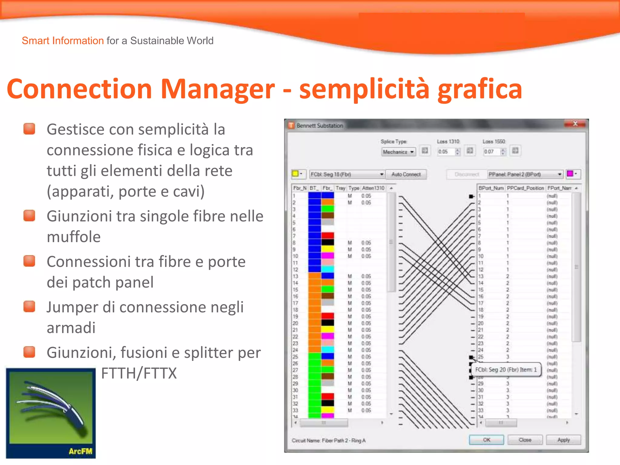 Smart Information for a Sustainable World
Connection Manager - semplicità grafica
Gestisce con semplicità la
connessione fisica e logica tra
tutti gli elementi della rete
(apparati, porte e cavi)
Giunzioni tra singole fibre nelle
muffole
Connessioni tra fibre e porte
dei patch panel
Jumper di connessione negli
armadi
Giunzioni, fusioni e splitter per
FTTH/FTTX
 
