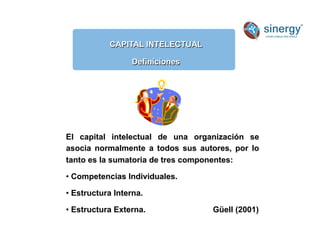 Anímico
CAPITAL INTELECTUAL
Definiciones
El capital intelectual de una organización se
asocia normalmente a todos sus autores, por lo
tanto es la sumatoria de tres componentes:
• Competencias Individuales.
• Estructura Interna.
• Estructura Externa. Güell (2001)
 