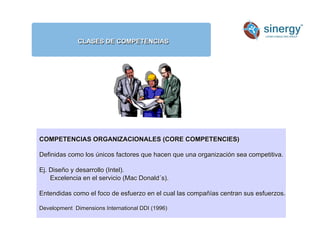 CLASES DE COMPETENCIAS
Anímico
COMPETENCIAS ORGANIZACIONALES (CORE COMPETENCIES)
Definidas como los únicos factores que hacen que una organización sea competitiva.
Ej. Diseño y desarrollo (Intel).
Excelencia en el servicio (Mac Donald´s).
Entendidas como el foco de esfuerzo en el cual las compañías centran sus esfuerzos.
Development Dimensions International DDI (1996)
 