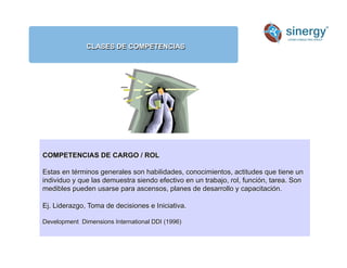 CLASES DE COMPETENCIAS
Anímico
COMPETENCIAS DE CARGO / ROL
Estas en términos generales son habilidades, conocimientos, actitudes que tiene un
individuo y que las demuestra siendo efectivo en un trabajo, rol, función, tarea. Son
medibles pueden usarse para ascensos, planes de desarrollo y capacitación.
Ej. Liderazgo, Toma de decisiones e Iniciativa.
Development Dimensions International DDI (1996)
 