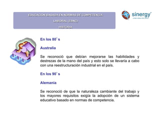 En los 80s
Australia
Se reconoció que debían mejorarse las habilidades y
destrezas de la mano del país y esto solo se llevaría a cabo
con una reestructuración industrial en el país.
En los 90s
Alemania
Se reconoció de que la naturaleza cambiante del trabajo y
los mayores requisitos exigía la adopción de un sistema
educativo basado en normas de competencia.
EDUCACIÓN BASADA EN NORMAS DE COMPETENCIA
LABORAL (EBNC)
HISTORIA
 