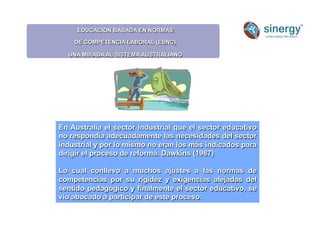 En Australia el sector industrial que el sector educativo
no respondía adecuadamente las necesidades del sector
industrial y por lo mismo no eran los más indicados para
dirigir el proceso de reforma. Dawkins (1987)
Lo cual conllevo a muchos ajustes a las normas de
competencias por su rigidez y exigencias alejadas del
sentido pedagógico y finalmente el sector educativo, se
vio abocado a participar de este proceso.
EDUCACIÓN BASADA EN NORMAS
DE COMPETENCIA LABORAL (EBNC)
UNA MIRADA AL SISTEMA AUSTRALIANO
 