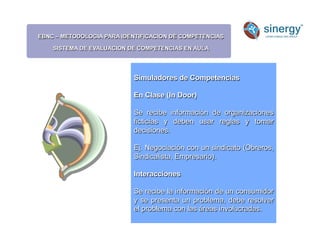 EBNC – METODOLOGIA PARA IDENTIFICACION DE COMPETENCIAS
SISTEMA DE EVALUACION DE COMPETENCIAS EN AULA
Anímico
Simuladores de Competencias
En Clase (In Door)
Se recibe información de organizaciones
ficticias y deben usar reglas y tomar
decisiones.
Ej. Negociación con un sindicato (Obreros,
Sindicalista, Empresario).
Interacciones
Se recibe la información de un consumidor
y se presenta un problema, debe resolver
el problema con las áreas involucradas.
 