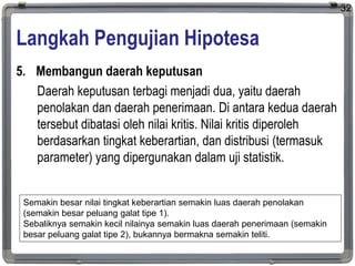 Langkah Pengujian Hipotesa
5. Membangun daerah keputusan
Daerah keputusan terbagi menjadi dua, yaitu daerah
penolakan dan daerah penerimaan. Di antara kedua daerah
tersebut dibatasi oleh nilai kritis. Nilai kritis diperoleh
berdasarkan tingkat keberartian, dan distribusi (termasuk
parameter) yang dipergunakan dalam uji statistik.
32
Semakin besar nilai tingkat keberartian semakin luas daerah penolakan
(semakin besar peluang galat tipe 1).
Sebaliknya semakin kecil nilainya semakin luas daerah penerimaan (semakin
besar peluang galat tipe 2), bukannya bermakna semakin teliti.
 