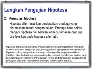 Langkah Pengujian Hipotesa
2. Formulasi hipotesa
Hipotesa diformulasikan berdasarkan praduga yang
dirumuskan sesuai dengan...