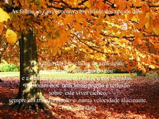 As folhas ao cair, evocam a brevidade dos nossos dias.  O outono das pinceladas de azul-água,  a coloração acinzenta do céu e a timidez e sofrimento das árvores despidas,  imploram-nos  uma introspecção e reflexão  sobre  este viver cíclico, sempre em transformação e  numa velocidade alucinante. (A.Canotilho) 