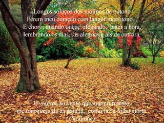 Longos soluços dos violinos de outono Ferem meu coração com langor monótono... E choro, quando ouço,  ofegando,  bater a hora, lembrando os dias,  as alegrias e ais de outrora. E vou-me ao vento que, num tormento  me transporta de cá para lá,  como faz a folha morta. (Verlaine) 