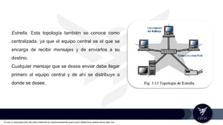 El uso y reproducción de este material es exclusivamente para usos didácticos www.ceuss.edu.mx
Estrella. Esta topología también se conoce como
centralizada, ya que el equipo central es el que se
encarga de recibir mensajes y de enviarlos a su
destino.
Cualquier mensaje que se desee enviar debe llegar
primero al equipo central y de ahí se distribuye a
donde se desee.
 