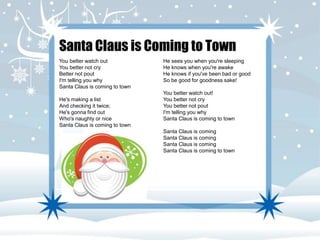 Santa Claus is Coming to Town 
You better watch out 
You better not cry 
Better not pout 
I'm telling you why 
Santa Claus is coming to town 
He's making a list 
And checking it twice; 
He's gonna find out 
Who's naughty or nice 
Santa Claus is coming to town 
He sees you when you're sleeping 
He knows when you're awake 
He knows if you've been bad or good 
So be good for goodness sake! 
You better watch out! 
You better not cry 
You better not pout 
I'm telling you why 
Santa Claus is coming to town 
Santa Claus is coming 
Santa Claus is coming 
Santa Claus is coming 
Santa Claus is coming to town 
 