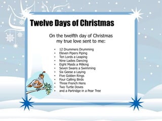 Twelve Days of Christmas 
On the twelfth day of Christmas 
my true love sent to me: 
• 12 Drummers Drumming 
• Eleven Pipers Piping 
• Ten Lords a Leaping 
• Nine Ladies Dancing 
• Eight Maids a Milking 
• Seven Swans a Swimming 
• Six Geese a Laying 
• Five Golden Rings 
• Four Calling Birds 
• Three French Hens 
• Two Turtle Doves 
• and a Partridge in a Pear Tree 
 