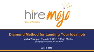 Love at First Hire
Diamond Method for Landing Your Ideal job
John Younger, President, CEO & Mojo Master
jyounger@hiremojo.com, 415.755.1202
June 6, 2016
 