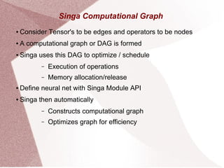 Singa Computational Graph
● Consider Tensor's to be edges and operators to be nodes
● A computational graph or DAG is formed
● Singa uses this DAG to optimize / schedule
– Execution of operations
– Memory allocation/release
● Define neural net with Singa Module API
● Singa then automatically
– Constructs computational graph
– Optimizes graph for efficiency
 