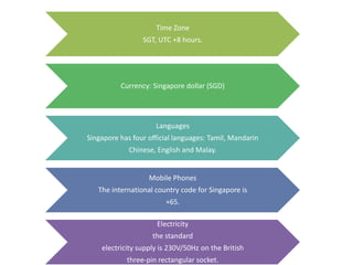 Time Zone
SGT, UTC +8 hours.
Currency: Singapore dollar (SGD)
Languages
Singapore has four official languages: Tamil, Mandarin
Chinese, English and Malay.
Mobile Phones
The international country code for Singapore is
+65.
Electricity
the standard
electricity supply is 230V/50Hz on the British
three-pin rectangular socket.
 