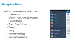 Navigation Menu
• Admin user can customise this menu
– Dashboards
– Chatter (Feed, Groups, People)
– Flexible Pages
– Smart Search Items
– Tasks
– Today
– Visualforce Pages
– CanvasApplications
 