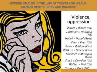 MODERN STUDIES IN THE LAW OF TRUSTS AND WEALTH
MANAGEMENT: THEORY AND PRACTICE
Violence,
oppression
Pettitt v Pettitt (UK)
Hoffman v Hoffman
(NZ)
Hohol v Hohol (Aust)
Eves v Eves (UK)
Peter v Beblow (Can)
Pettkus v Becker (Can)
Murdoch v Murdoch
(Can)
Stack v Dowden (UK)
Walker v Hall (UK)
Cossey v Bach (NZ)…
 