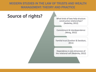 MODERN STUDIES IN THE LAW OF TRUSTS AND WEALTH
MANAGEMENT: THEORY AND PRACTICE
Source of rights? What kinds of laws help structure
constructive relationships?
(Nedelsky, 2012)
Commitment & interdependence
(Wong, 2012)
Familial trust (Gardner & Davidson,
2011)
Dependency is core dimension of
the relational self (Nedelsky, 2012)
 