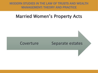 MODERN STUDIES IN THE LAW OF TRUSTS AND WEALTH
MANAGEMENT: THEORY AND PRACTICE
Married Women’s Property Acts
Separate estatesCoverture
 